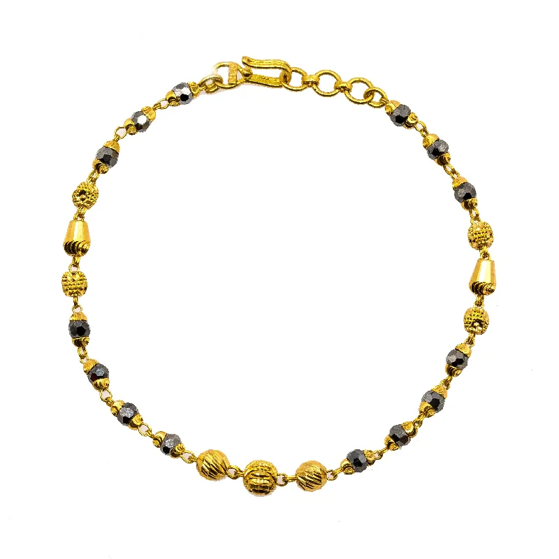 Black Leather Bracelets for Men-22K Yellow Gold Bracelet W/ Faceted Black & Yellow Gold Bead Balls