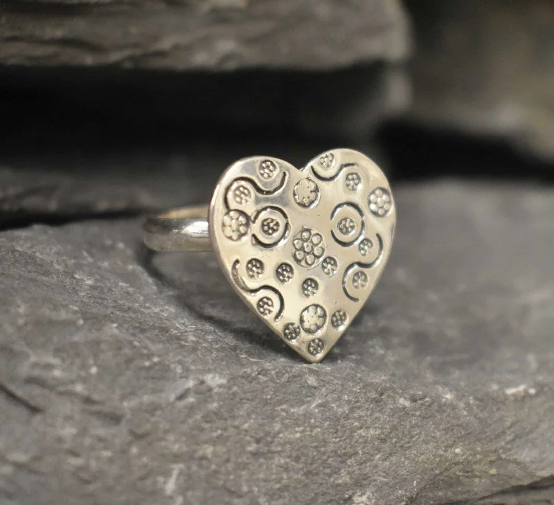 Simple Vintage Wedding Bands for Men-Big Heart Ring - Silver Heart Ring, Floral Pattern Heart Ring