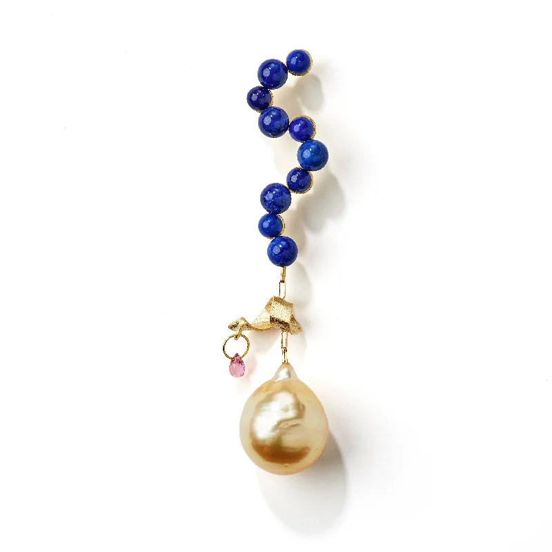 Crystal Hoop Earrings for Women-Fine Curves 18K Gold Earring w. blue Lapis, pink Sapphire & a golden Pearl