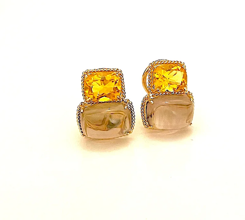 Trendy Drop Earrings for Women-18kt Yellow Gold Cushion Rope Twist Border Earring with Citrine and Smoky Topaz