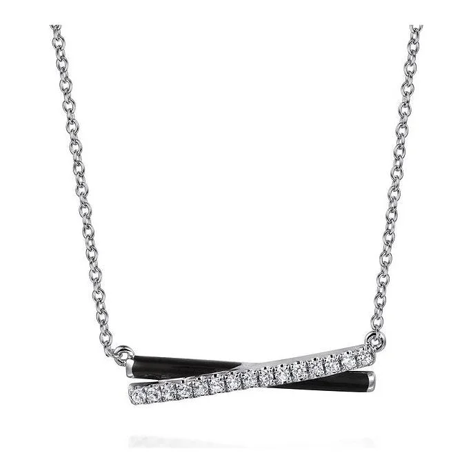 Gold Necklaces-Gabriel Silver White Sapphire and Black Enamel Criss Cross Bar Necklace