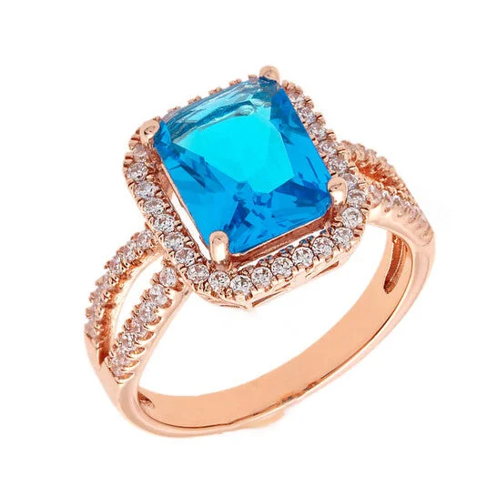 Wedding Rings for Couples-Original Elegant Confetti Women's 18K Rose Gold Plated Blue CZ Simulated Cushion Diamond Halo Statement Cocktail Ring