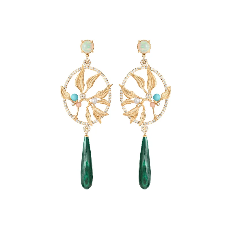 Unique Drop Earrings-Exclusive Dream Catcher 18K Gold Earrings w. Diamonds, Moonstone, Pearl, Opal, Turquoise & Malachite